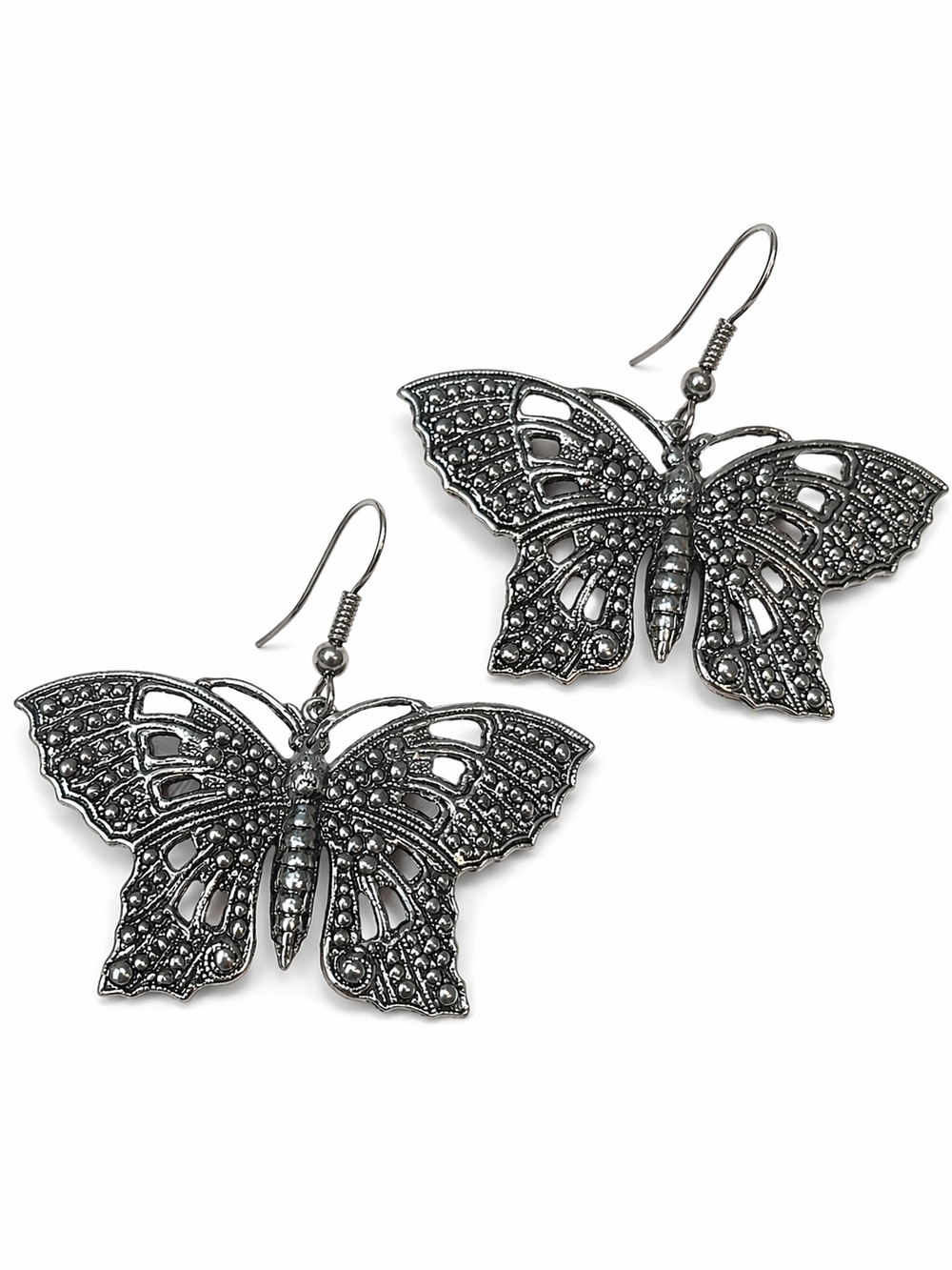 Silver Tone Butterfly Dangle Earrings Openwork Filigree Boho Statement